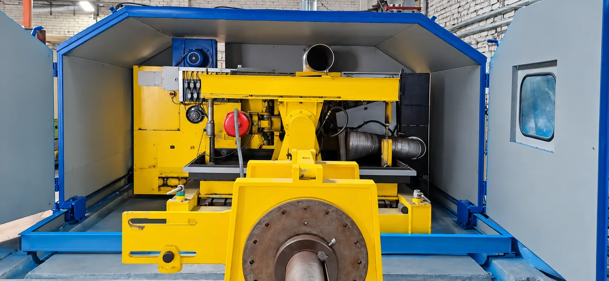 Rail brake test machine inside its blue enclosure